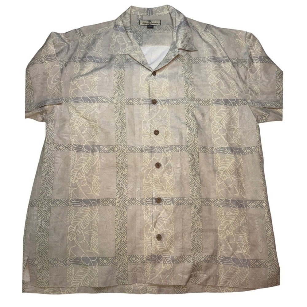 Tommy Bahama‎ 100% Silk Camp Shirt Mens Large Beige Floral Jacquard Hawaiian